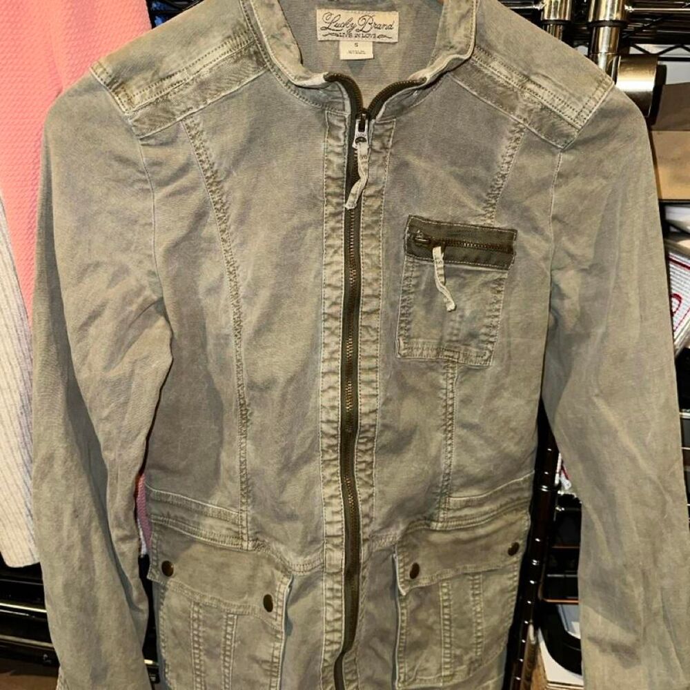 Lucky-brand Women's Small Grey and Green Jacket Military Utility Zipper Style